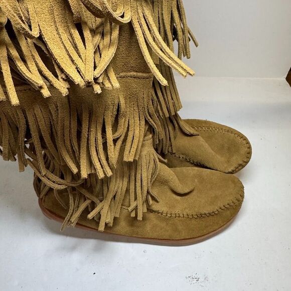 Minnetonka Womens 6 M Brown Layer Fringe Mid Calf Boots Display HS5 - Picture 2 of 6